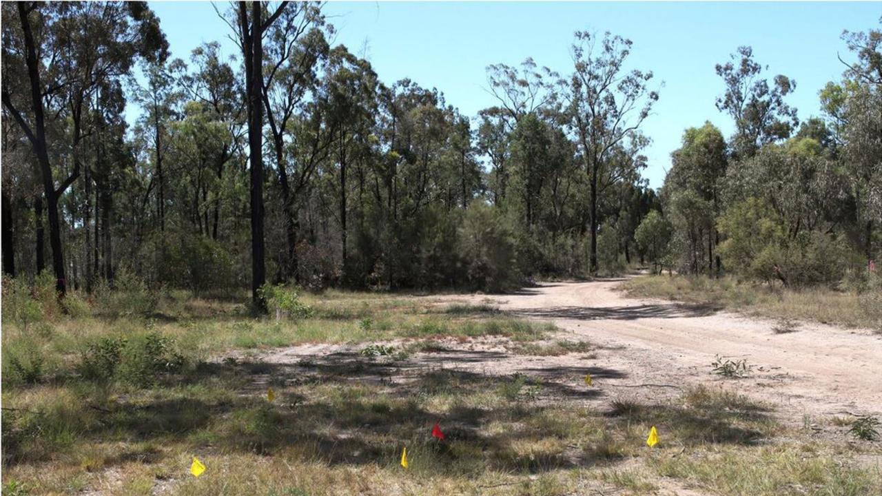Multiple evidence markers on the ground near the driveway into the Train property.