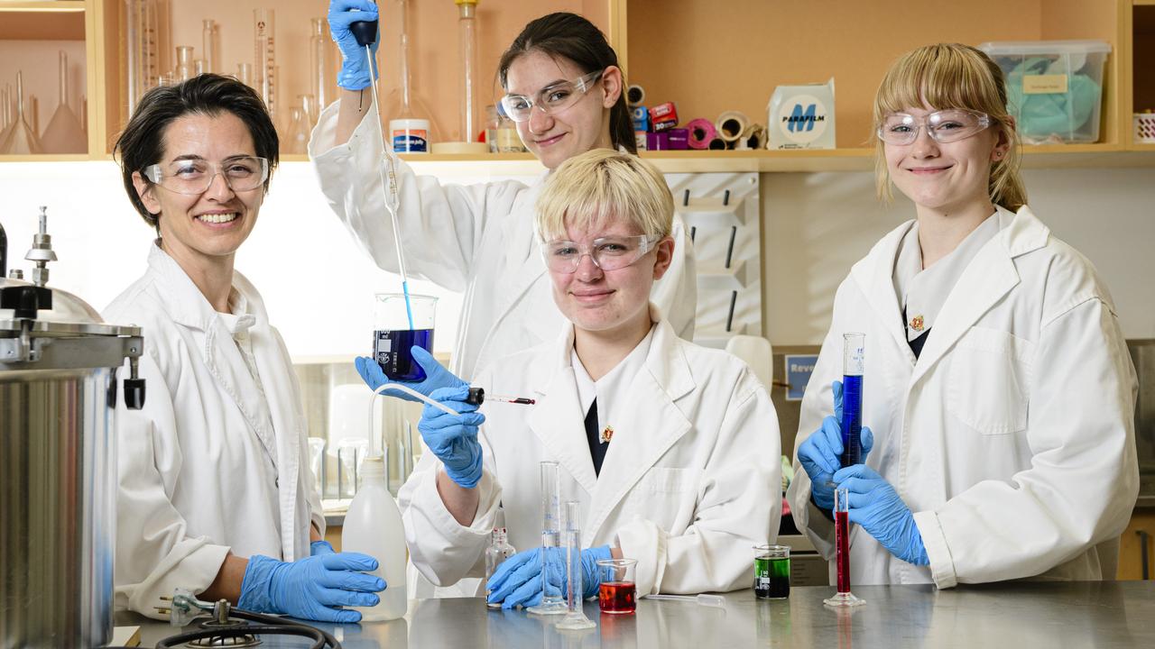 The Glennie School partner with UniSQ and University of Queensland scientists (from left) Dr Pavlina Naydenova, Alexandra Handyside, Emory Forrest and Madeleine Henderson, Friday, May 2, 2025. Picture: Kevin Farmer
