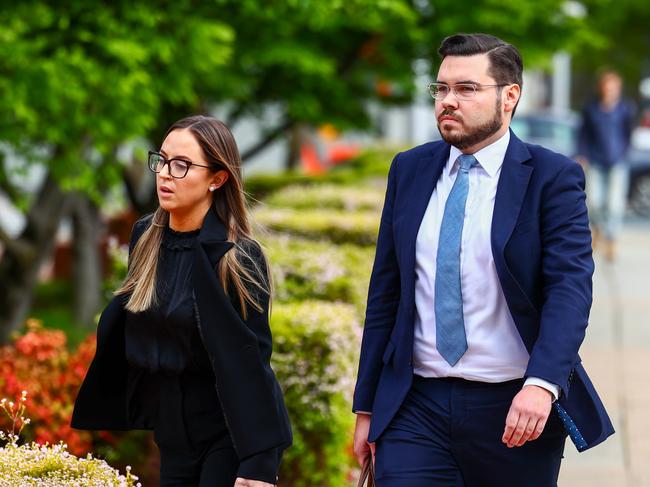 Bruce Lehrmann outside court with his solicitor Rachel Fisher on day nine of the trial.