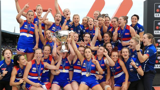 Western Bulldogs players celebrate their premiership win. Picture: Mark Stewart