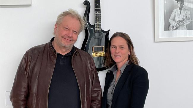 WiseTech’s Richard White, pictured with Genics founder Melony Sellars, used to repair guitars for AC/DC and The Angels. Picture: Supplied