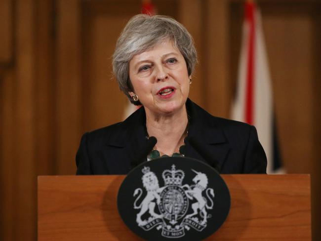 LONDON, ENGLAND - NOVEMBER 15: Britain's Prime Minister Theresa May speaks during a press conference inside 10 Downing Street on November 15, 2018 in London England. Cabinet Ministers Dominic Raab, the Brexit Secretary, and Esther McVey, Work and Pensions Secretary resigned this morning after last night's cabinet meeting backed the draft Brexit agreement.  (Photo by Ian Vogler - WPA Pool/Getty Images)