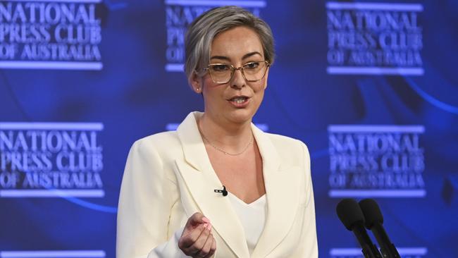 The Parenthood chief executive Jessica Rudd addresses the National Press Club. Picture: NCA NewsWire/Martin Ollman