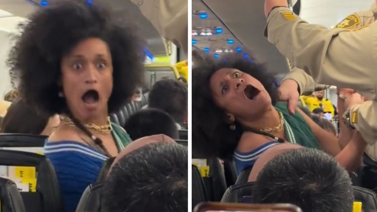 Viral footage shows the moment an unidentified woman was arrested on a Spirit Airlines plane after an over-the-top meltdown. Pictures: TikTok / @realkingjon