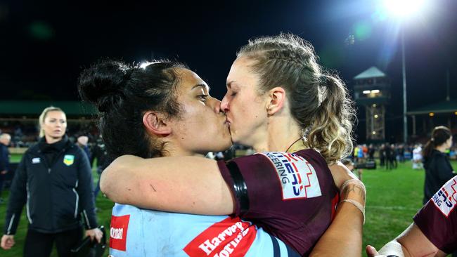 Vanessa Foliaki and partner Karina Brown together after the Women's State of Origin game between New South Wales and Querensland at North Sydney Oval.