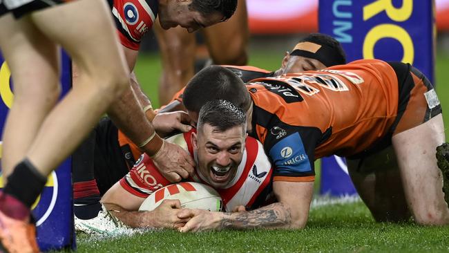 James Tedesco celebrates a try against the Tigers. Picture: NRL Imagery