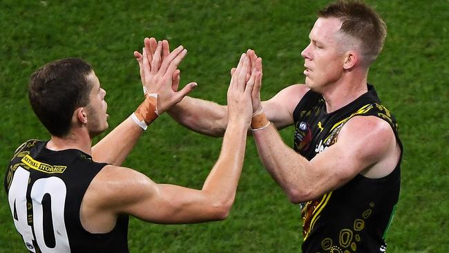 PERTH, AUSTRALIA - JUNE 05: Jack Riewoldt of the Tigers celebrates a goal during the 2021 AFL Round 12 match between the Essendon Bombers and the Richmond Tigers at Optus Stadium on June 5, 2021 in Perth, Australia. (Photo by Daniel Carson/AFL Photos via Getty Images)