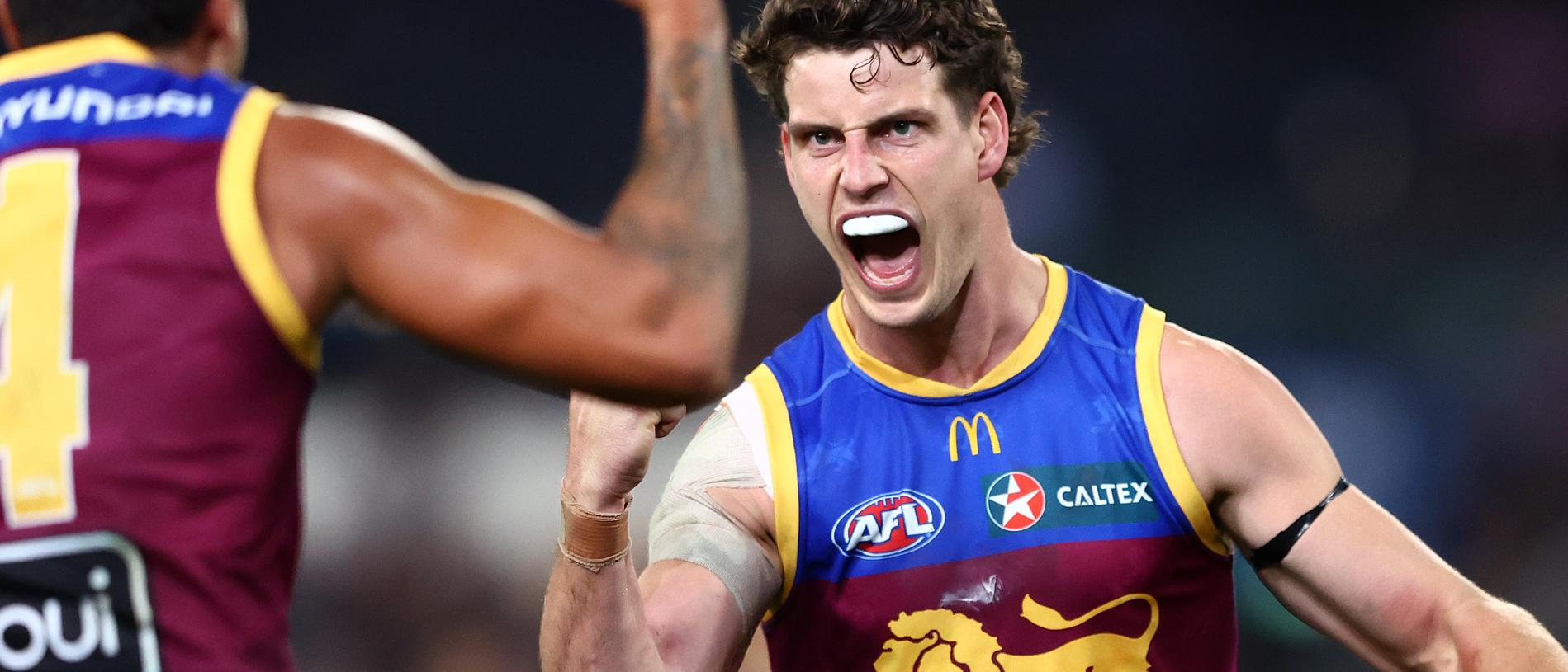 BRISBANE, AUSTRALIA - JUNE 28: Jarrod Berry of the Lions celebrates a goal during the round 16 AFL match between Brisbane Lions and Melbourne Demons at The Gabba, on June 28, 2024, in Brisbane, Australia. (Photo by Chris Hyde/AFL Photos)