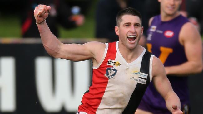 Tim McIntyre celebrates a goal for Koroit in the 2017 grand final victory over Port Fairy.