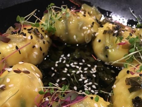 Prawn, wood ear mushroom, sesame and bamboo dumplings in a spring onion dressing from Oriental Guest House. Supplied