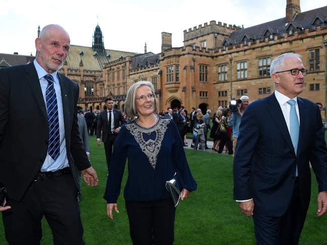 Australian Republican Movement Chair Peter FitzSimons with Prime Minister Malcolm Turnbull (right) and wife Lucy arrive at the Australian Republican Movement's 25th anniversary dinner. Picture: AAP