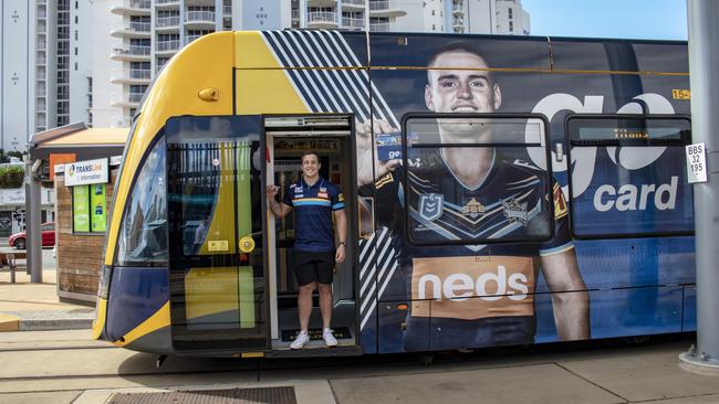 Jarrod Wallace on a Titans-branded G:link tram. Picture: James Donison