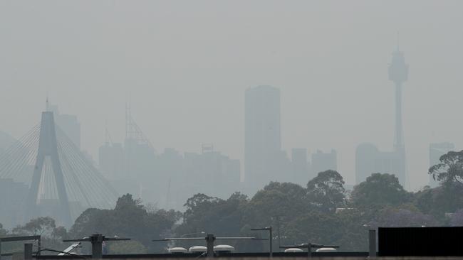 Smoke haze over Sydney from the ongoing NSW bushfires. Picture: Phil Hillyard