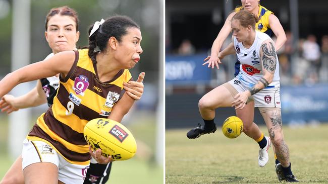 QAFLW players Louise Tyson (Aspley) and Laura Blue (Coorparoo). Pictures: Highflyer Images.