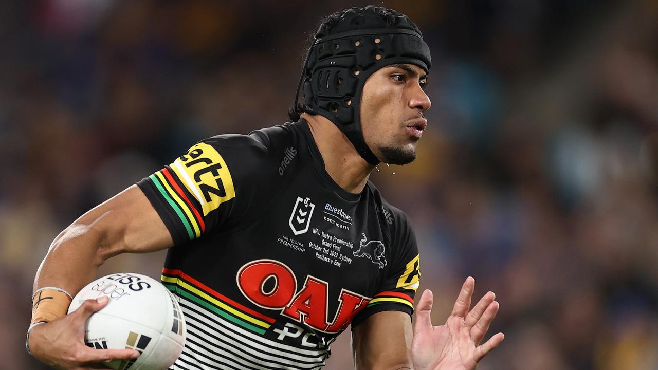 SYDNEY, AUSTRALIA - OCTOBER 02: Stephen Crichton of the Panthers runs the ball during the 2022 NRL Grand Final match between the Penrith Panthers and the Parramatta Eels at Accor Stadium on October 02, 2022, in Sydney, Australia. (Photo by Cameron Spencer/Getty Images)