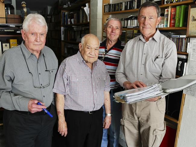 Retired military men Neil Smith, 84, Jack Garcia, 83, Frank Fitzpatrick, 81, and Andrew Burgess, 72, in their 'War Room' at The Landings retirement village in Sydney. Picture: Justin Lloyd.