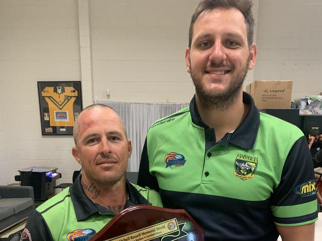 Palmerston Raiders players Anthony Orell and David Paull after winning the Mitchell Russell Shield.