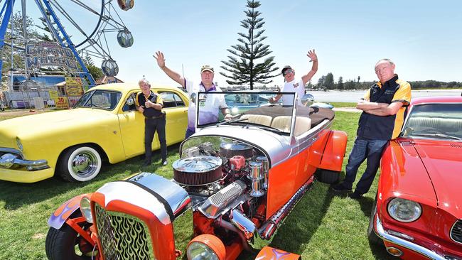 Classic cars and owners (L-R) Jeff Holmesby, Fred Champkin, Grant Jones and Brian Staples at The Entrance where ChromeFest will take place. Picture: Troy Snook