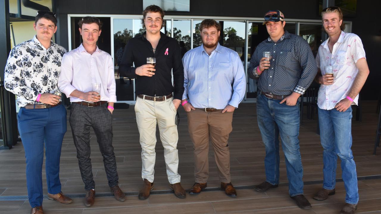 Oscar Bartley, Mathson Lever, Mason Wright, Mitchell Cunningham, Kaih Rothery and William Elliot at the Rockhampton Jockey Club's Pink Ribbon Stradbroke Charity Race Day at Callaghan Park on June 15, 2024.