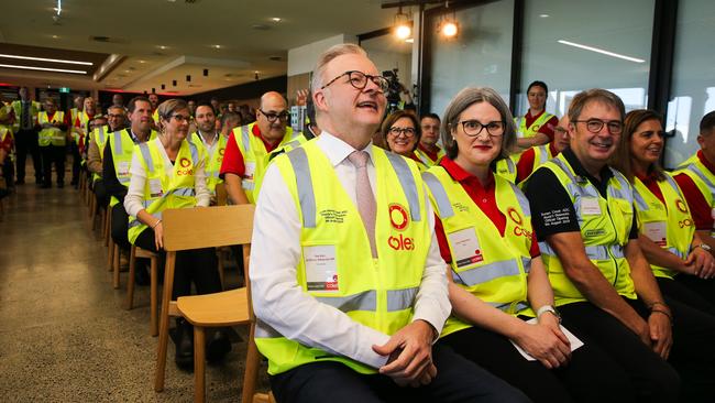 Prime Minister Anthony Albanese alongside Coles Group chief executive Leah Weckert at a new automatic distribution centre in Sydney. Picture: NewsWire / Gaye Gerard