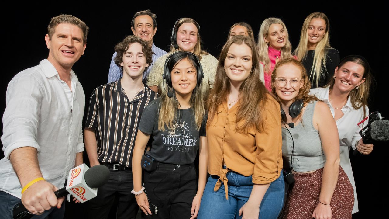 Sunrise weatherman Sam Mac with students at Bond University. Picture: Cavan Flynn/Bond University.