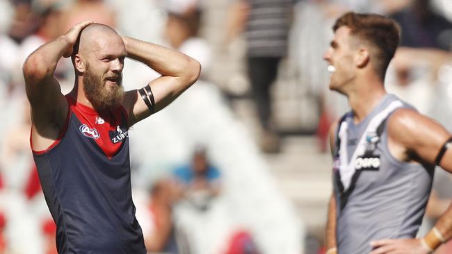 Max Gawn was restricted to 87 Supercoach points in Melbourne’s loss to Port Adelaide. Picture: Daniel Pockett. 