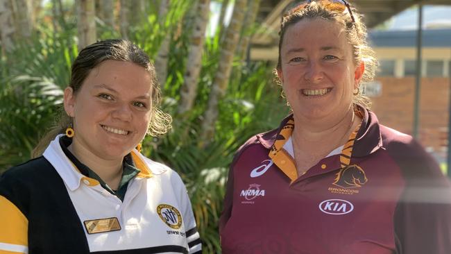 James Nash student Freedom Fischer was selected to paint a pair of David Mead's boots for the NRL's 2021 Indigenous Round. She is pictured with Nash Beyond the Broncos coordinator, Trina McCauley.