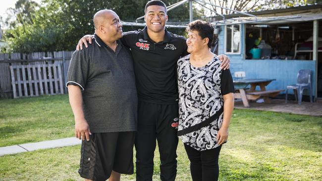 Penrith Panthers player Brian To'o at his family home in Whalan with his Dad, Fale To'o, and Mum, Fati To'o. Picture: Dylan Robinson