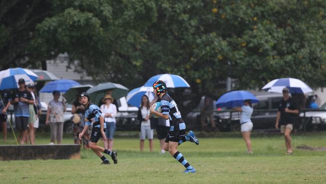 Day 1 of the King of the Country junior rugby union tournament at the Gold Coast Eagles Rugby Union Club.Maroochydore Swans (BLUE AND BLACK) vs USQ Saints (Blue ) Maroochydore Player No USQ Player No Pic Mike Batterham