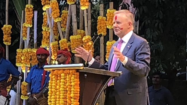 Anthony Albanese celebrates the Hindu festival of Holi in the Indian city of Ahmedabad on Wednesday. Picture: Joe Kelly