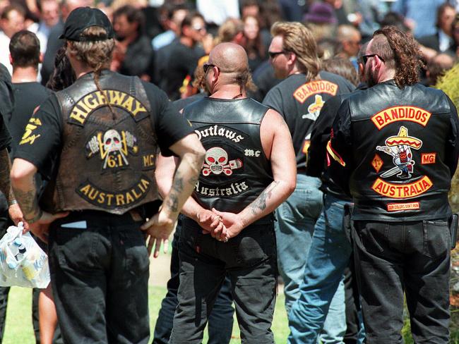 Mourners at the funeral service of Sasha Milenkovic, Sergeant at Arms of the Bandidos who was killed at the Blackmarket Cafe in Chippendale in 1997