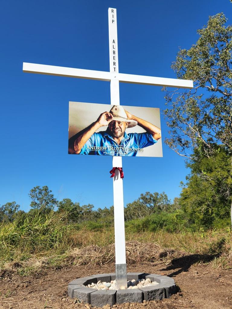 Locals have made a permanent tribute to Andrew Symonds at the location of the car crash that killed him in 2022. Picture: Supplied