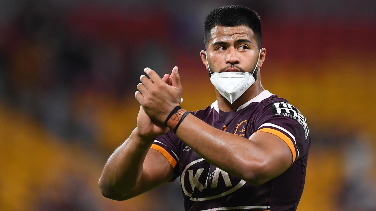 BRISBANE, AUSTRALIA – AUGUST 22: Payne Haas of the Broncos acknowledges the crowd after the round 23 NRL match between the Brisbane Broncos and the New Zealand Warriors at Suncorp Stadium, on August 22, 2021, in Brisbane, Australia. (Photo by Albert Perez/Getty Images)