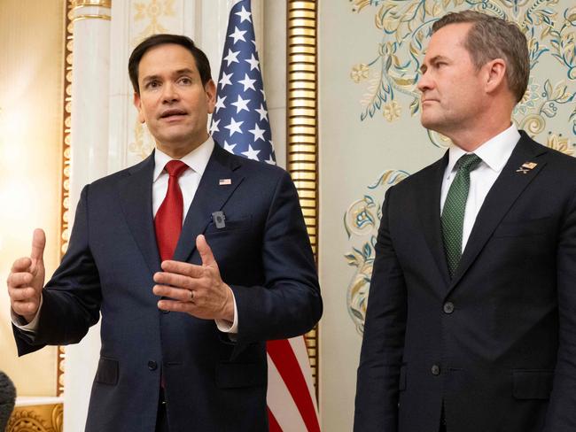 US Secretary of State Marco Rubio and US National Security Advisor Mike Waltz speak with the media following meetings with a Ukrainian delegation in Jeddah on Tuesday. Picture: pool/AFP