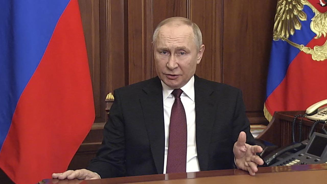 Russian President Vladimir Putin addresses the nation at the Kremlin in Moscow announcing a "military operation" in Ukraine, global appeals not to launch a war. Picture: Kremlin.ru/AFP