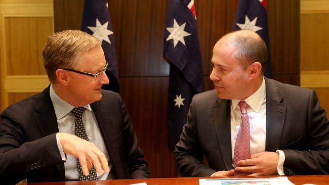 RBA Governor Philip Lowe meets and Treasurer Josh Frydenberg. Picture: David Geraghty.