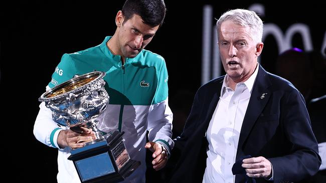 Australian Open boss Craig Tiley (right) is unaware of any medical condition that may grant world No.1 Novak Djokovic a vaccine exemption. Picture: Getty Images