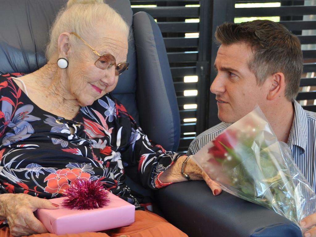 Capricorn Coast resident and former seamstress Thelma Eisenman with Nigel Hutton