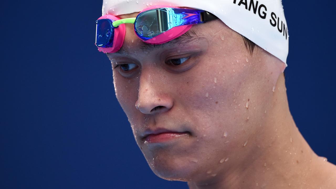 KAZAN, RUSSIA - AUGUST 08: Yang Sun of China looks on in the Men's 1500m Freestyle heats on day fifteen of the 16th FINA World Championships at the Kazan Arena on August 8, 2015 in Kazan, Russia. (Photo by Matthias Hangst/Getty Images)