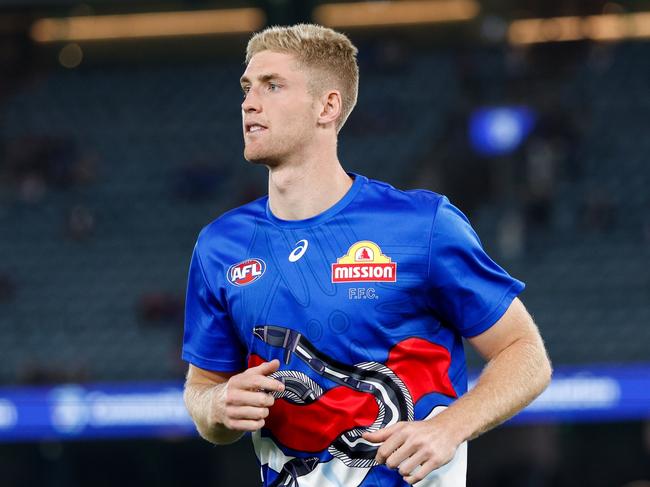 MELBOURNE, AUSTRALIA - MARCH 31: Tim English of the Bulldogs warms up before the 2024 AFL Round 03 match between the Western Bulldogs and the West Coast Eagles at Marvel Stadium on March 31, 2024 in Melbourne, Australia. (Photo by Dylan Burns/AFL Photos via Getty Images)