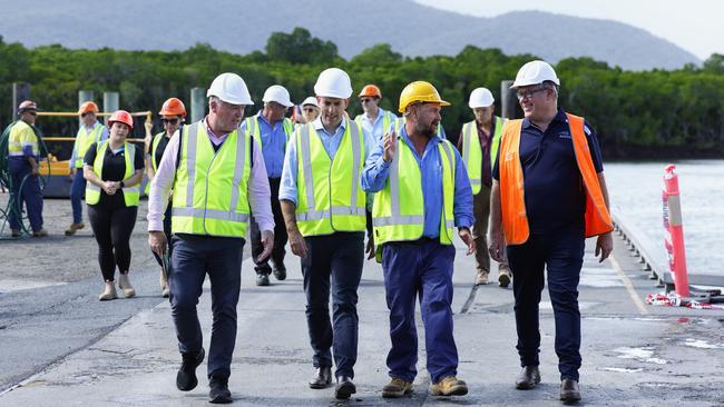 Federal Treasurer Jim Chalmers visited the Cairns Marine Precinct, to promote the $360 million expansion to the industry, equally funded by the federal and state governments. Norship defence operations manager Stuart Hodgson shows Treasurer Jim Chalmers, Member for Cairns Michael Healy Norship defence operations manager Stuart Hodgson and Austral General Manager for Queensland Phil Growden inspect work being undertaken on Australian Defence Force vessels. Picture: Brendan Radke