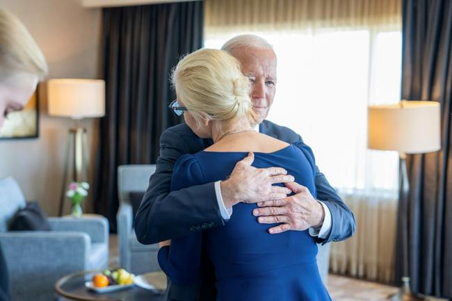 US President Joe Biden hugs Yulia Navalnaya, widow of Kremlin opposition leader Alexei Navalny, in San Francisco, California, in a photo released by the White House on February 22, 2024