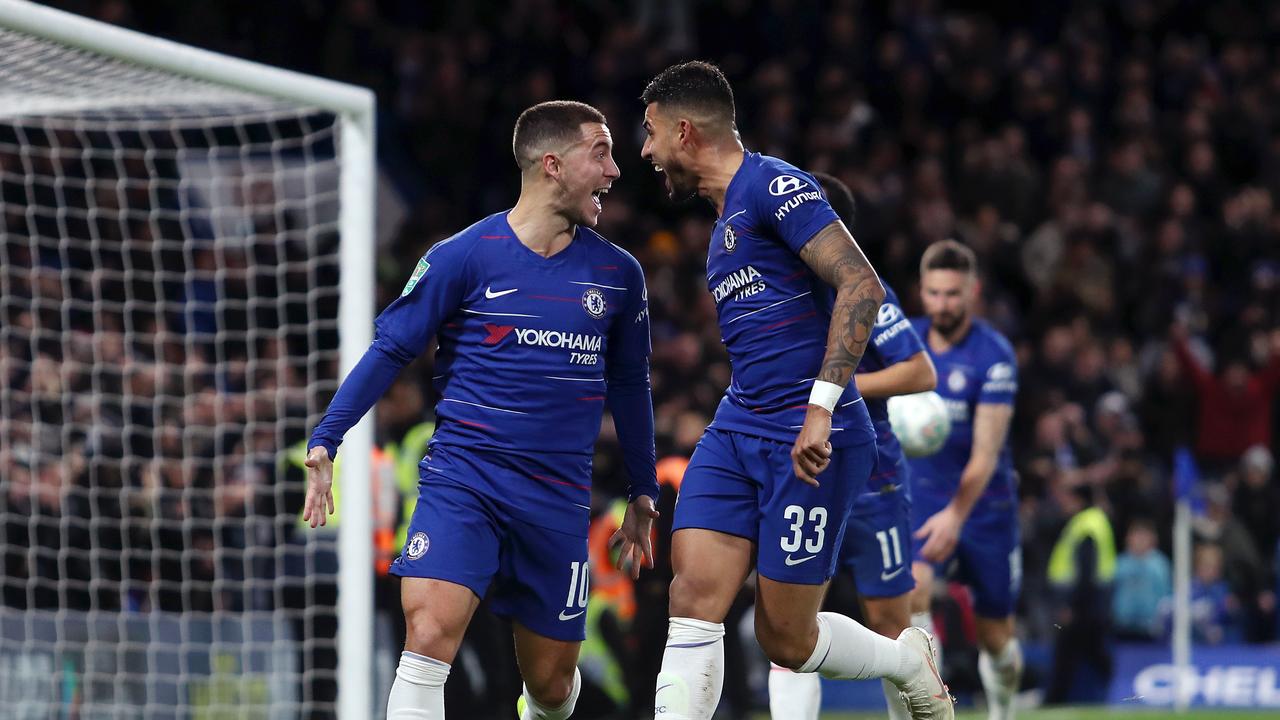Eden Hazard of Chelsea celebrates with teammate Emerson after scoring his team's first goal