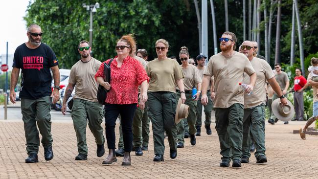 More than 40 Corrections officers and United Workers Union staff marched into the NT Parliament House on Tuesday February 11, 2025, in protest of the privatisation Bill. Picture: Pema Tamang Pakhrin