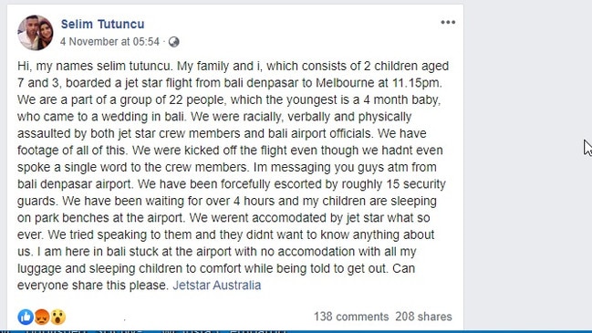 A Facebook post from one of the family members ejected from the flight. Picture: Facebook