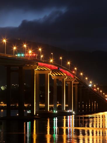 The middle of Tasman Bridge lit up for Dark Mofo. Picture: LUKE BOWDEN