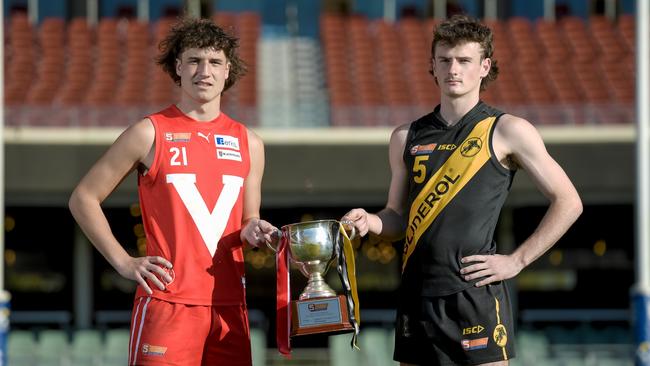 North Adelaide captain James White and Glenelg skipper Ben Ridgway will lead their sides into battle in the under-18 decider. Picture: Roy Vandervegt