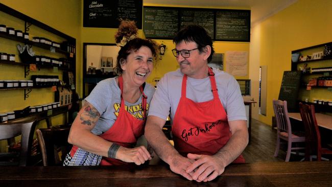 Marty Elliot and Maureen Burgess in their Fork Knows vegan cafe. The cafe is filled with homemade preserves perfected over years by Marty. Photo: Tim Jarrett