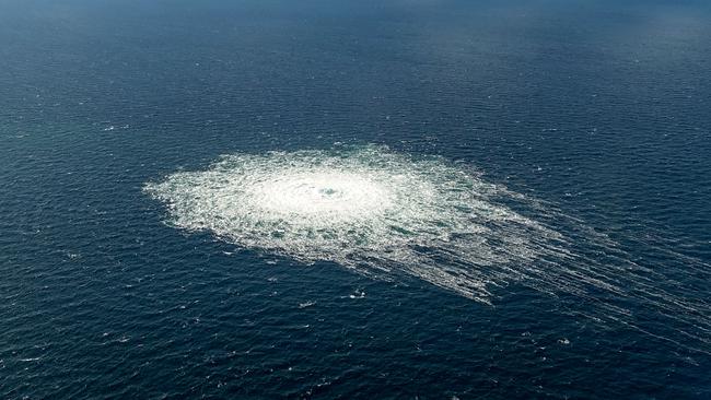 Gas bubbles to the surface from the Nord Stream 2 pipeline off the Danish Baltic island of Bornholm, south of Dueodde.