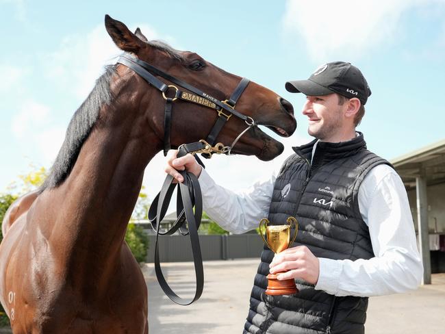 Caulfield Cup Winner Duke De Sessa with assistant trainer Jack Turnbull at Cranbourne Racecourse on October 20, 2024 in Cranbourne, Australia. (Photo by George Sal/Racing Photos)